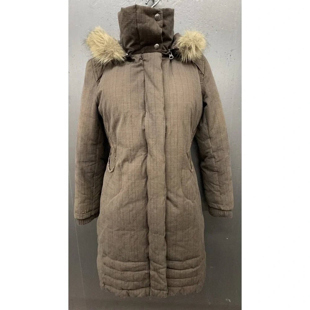 Soia & Kyo Down Coat M Brown Glen Plaid Fur Trim Hood Cotton Long Jacket Outdoor
